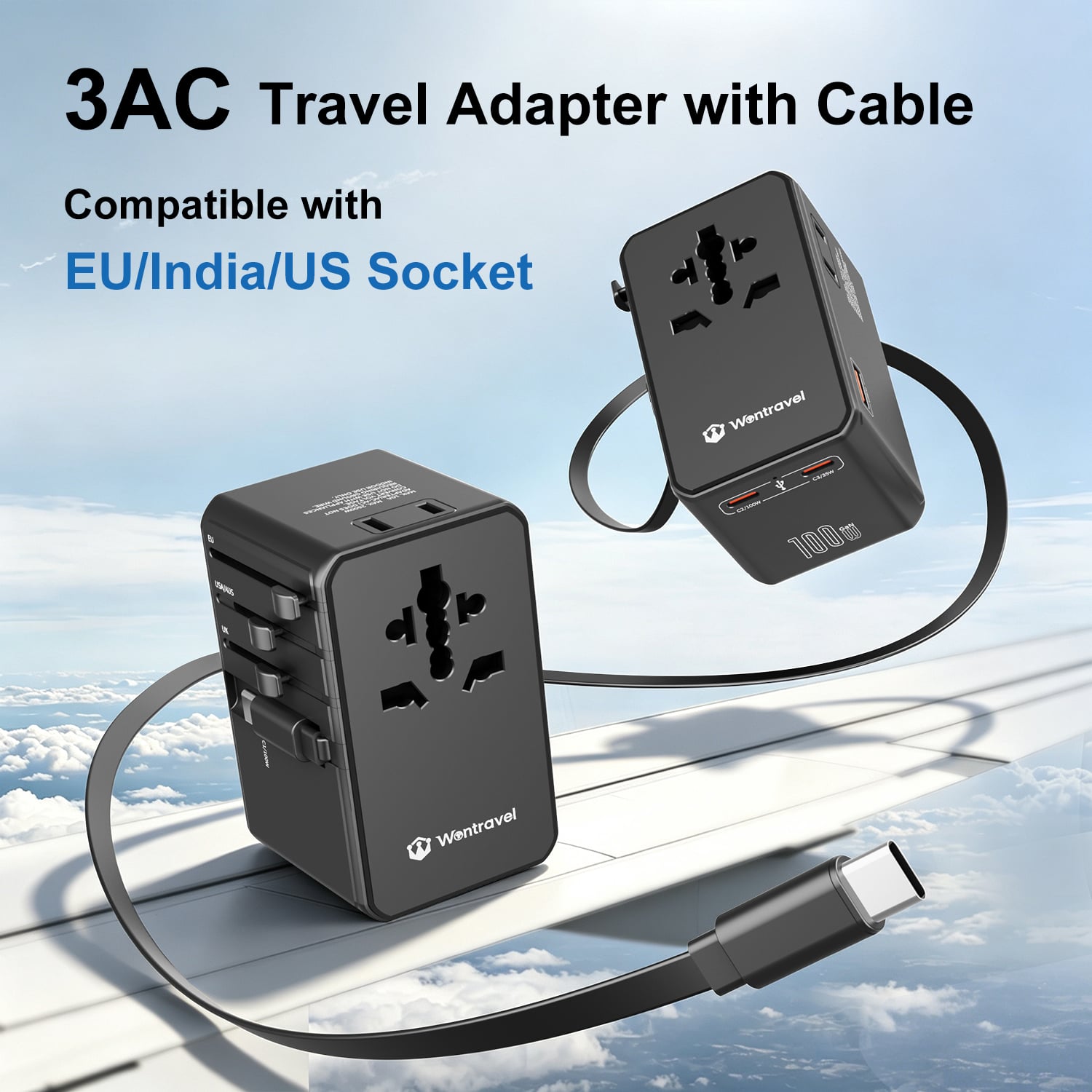 Wontravel 3AC Sockets 100W GaN All Fast Charge Universal Travel Adapter with Cable for Travel
