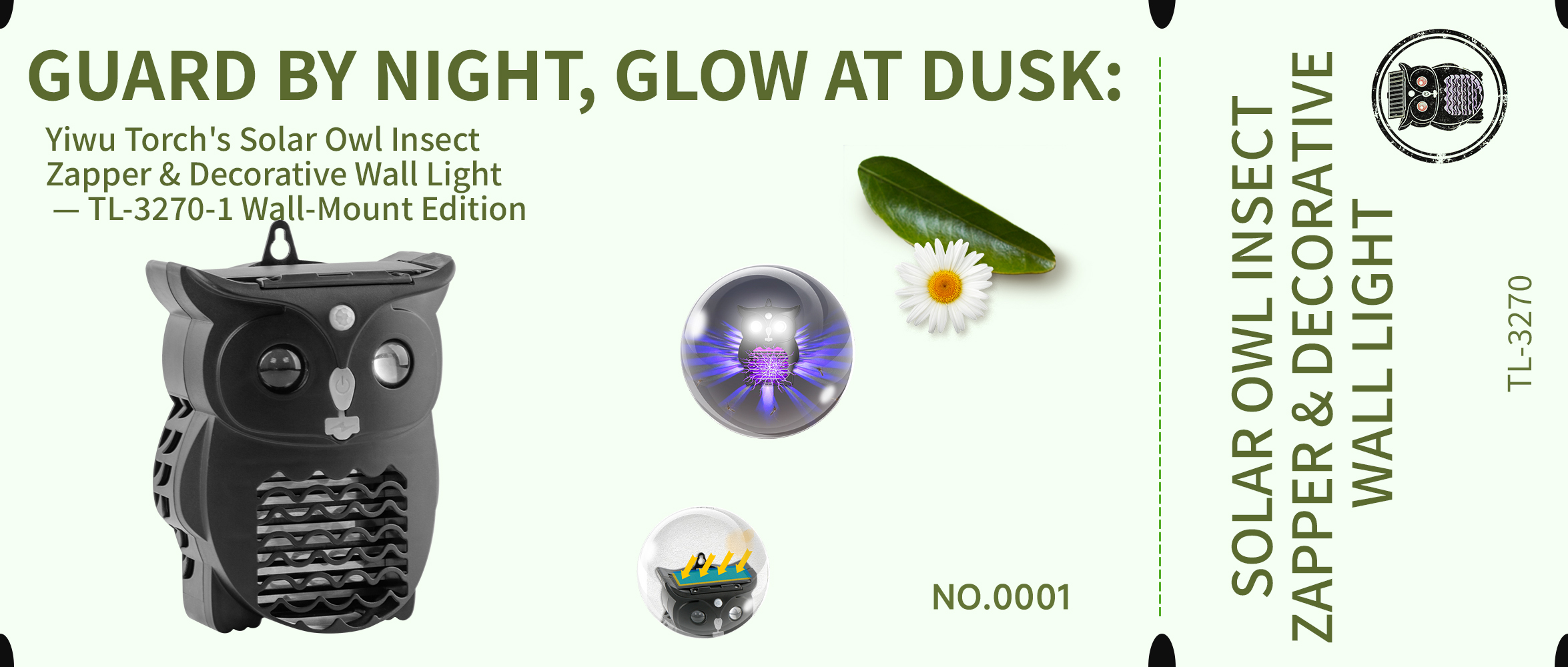 Vigila di notte, splendi al crepuscolo: zappatore solare per insetti a forma di gufo brevettato da Yiwu Torch e luce decorativa da parete — TL-3270-1