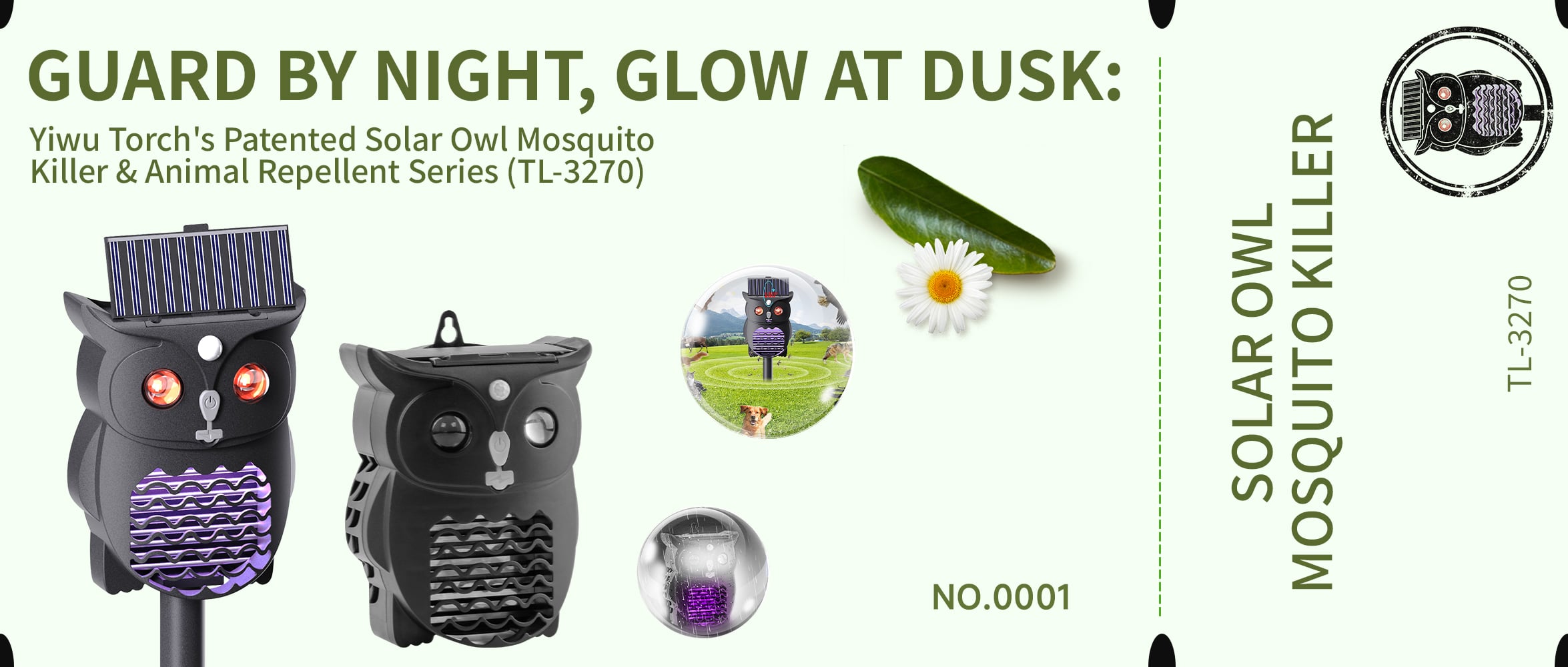 Vigila di notte, brilla al crepuscolo: zappatore solare per insetti e repellente ultrasonico per animali a forma di gufo brevettato da Yiwu Torch — TL-3270-2
