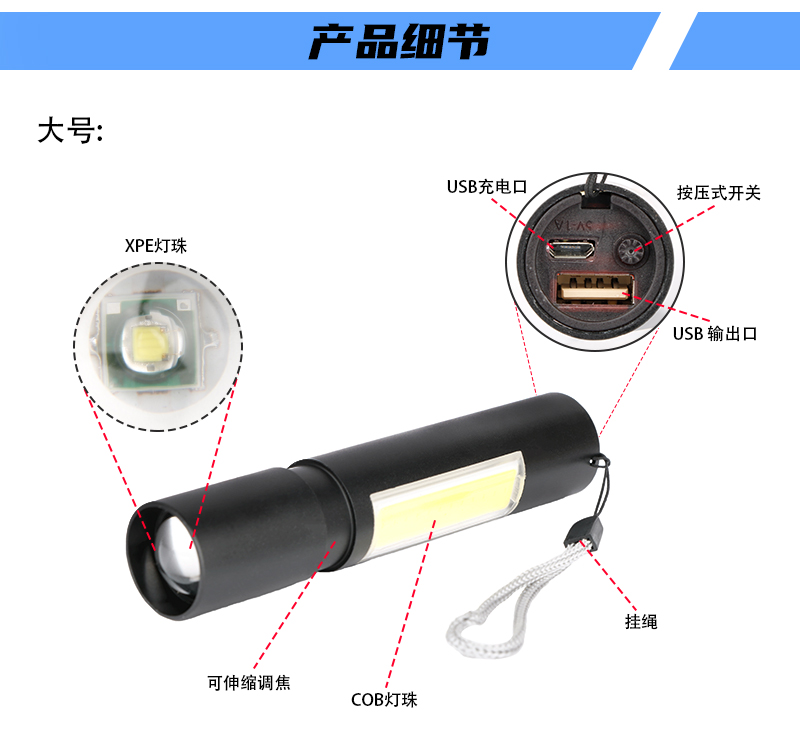 aluminium alloy rechargeable led flashlight with xpe and cob light zoomable with belt clip-13