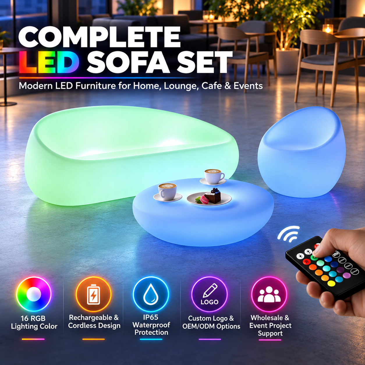  Color Changing Indoor/Outdoor Lounge Furniture LED Glowing Sofa & Coffee Table Set 