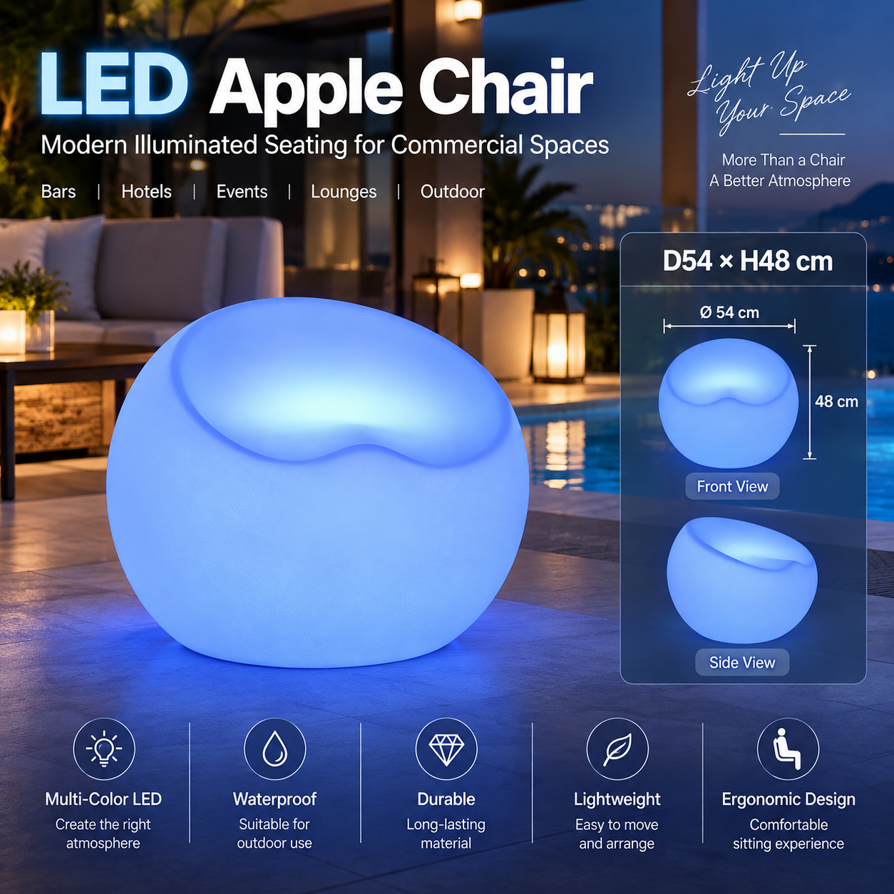 Modern Plastic Wireless Rechargeable LED Table Chair Colors Changing Bar for Beach Outdoor Event Party Restaurant Office Use