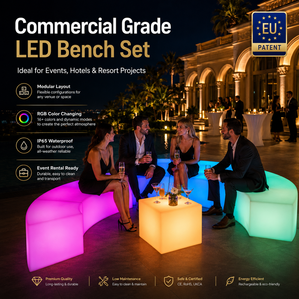 Modular LED Curved Chair | Rechargeable IP65 RGB Seating for Events, Weddings & Outdoor Spaces