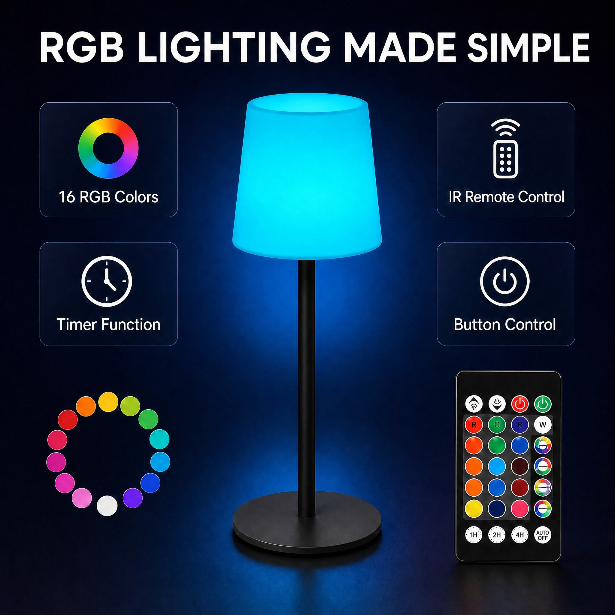 Rechargeable RGB Ambient Table Lamp for Bars, Nightclubs & KTV 16 Colors, Timer & IP65