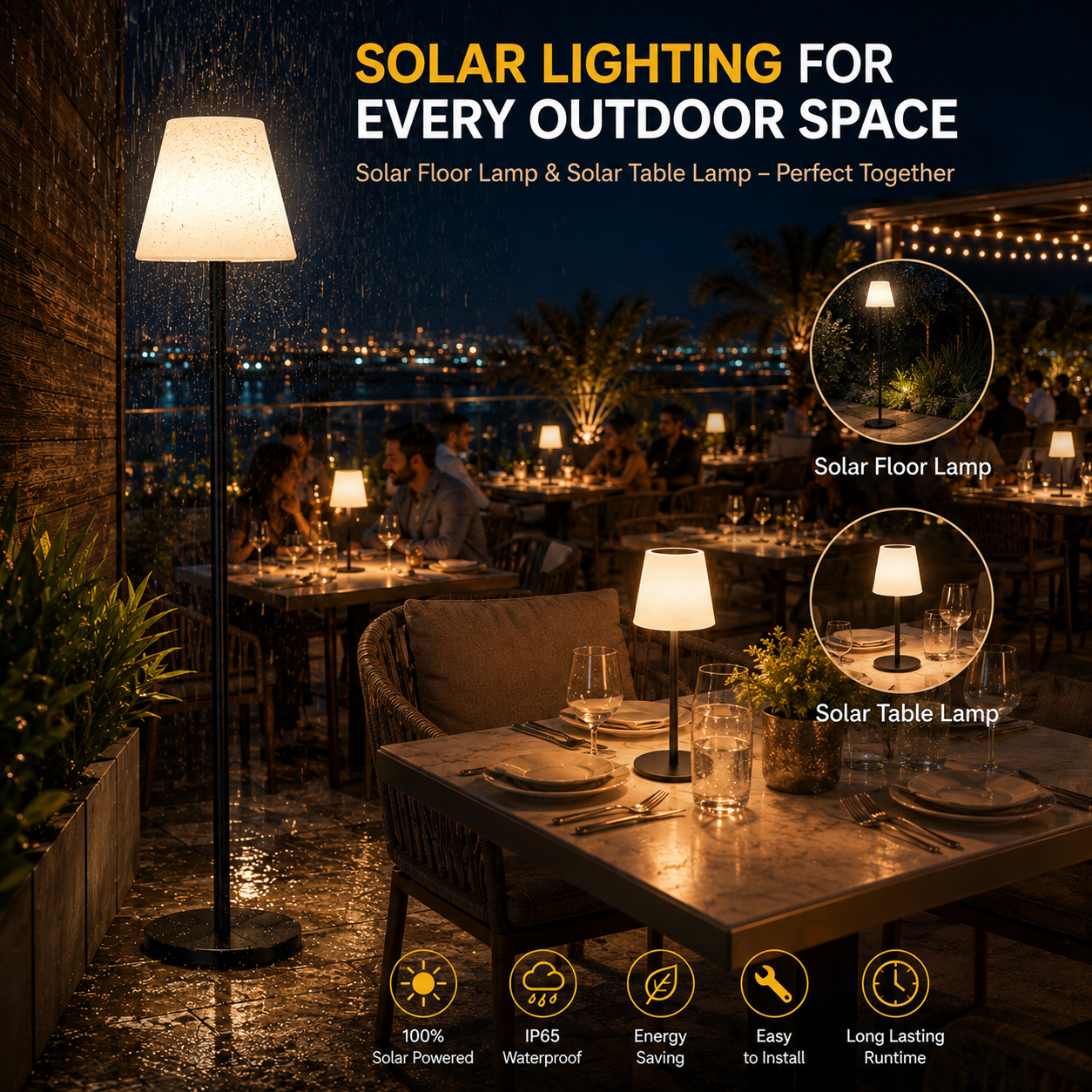 CQ-T1540 solar table lamp and CQ-T25146 solar floor lamp for outdoor restaurant and hotel terrace lighting