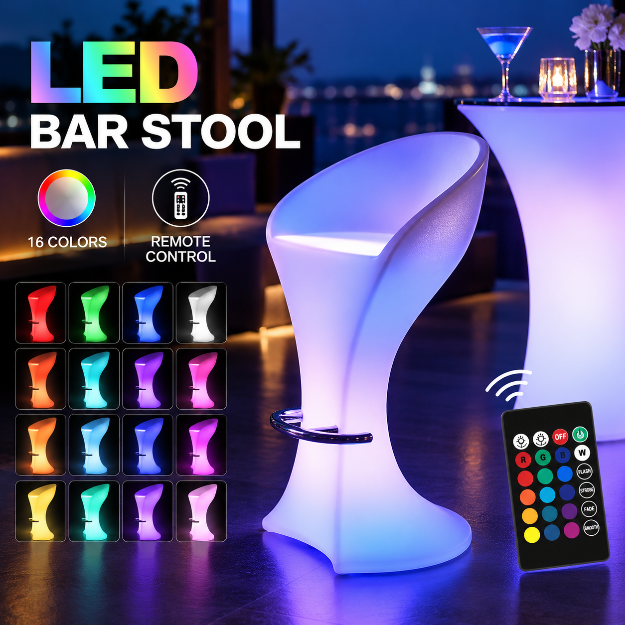 RGB LED Bar Chair | LED Furniture & Illuminated Light-Up Seating with 16 Colors, Rechargeable Battery & Remote Control