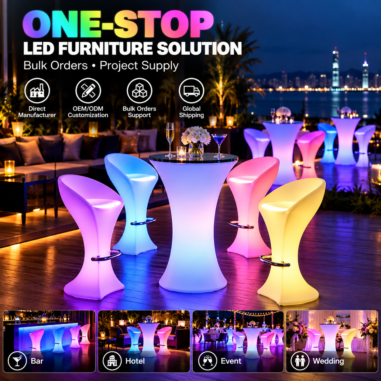 IP65 RGB LED Light-Up Chair | 16 Colors + White Light, Rechargeable Illuminated Chair with Remote Control