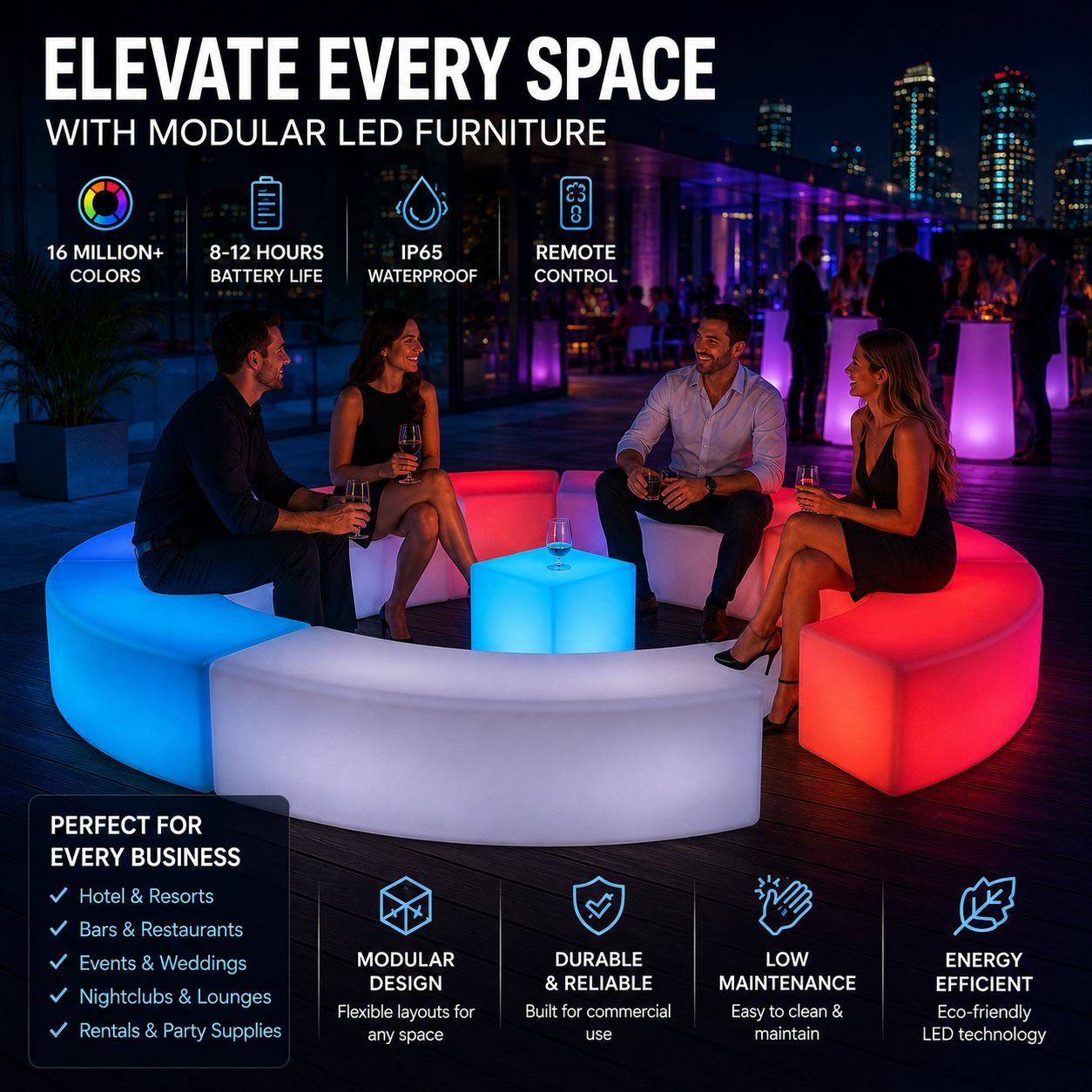 Modular LED Curved Chair | IP65 Rechargeable RGB Seating for Events, Weddings & Commercial Spaces