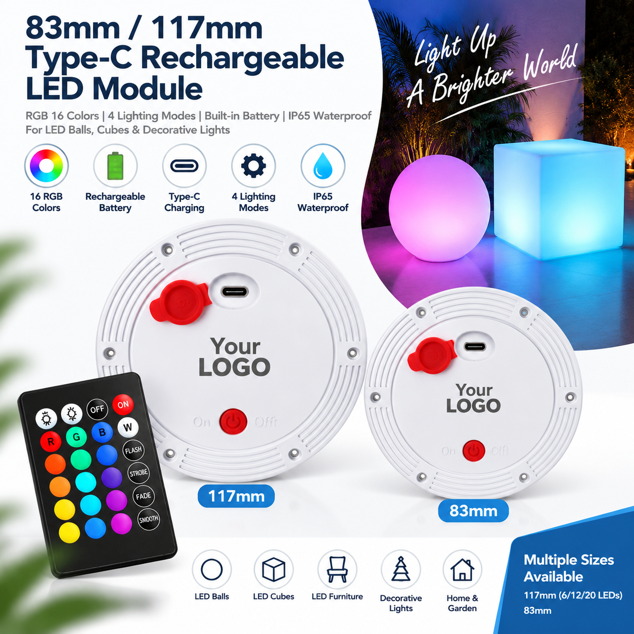 Type-C Rechargeable RGB LED Module | Replacement LED Light Core for LED Furniture & PE Products