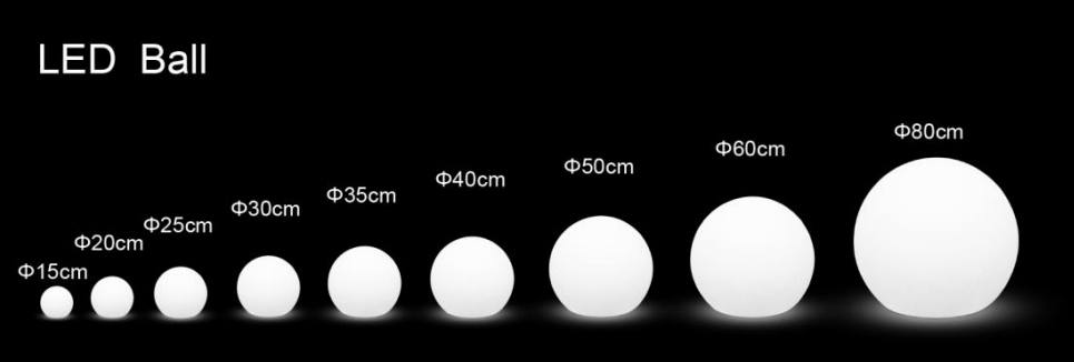 LED ball light size guide from 15cm to 80cm and up