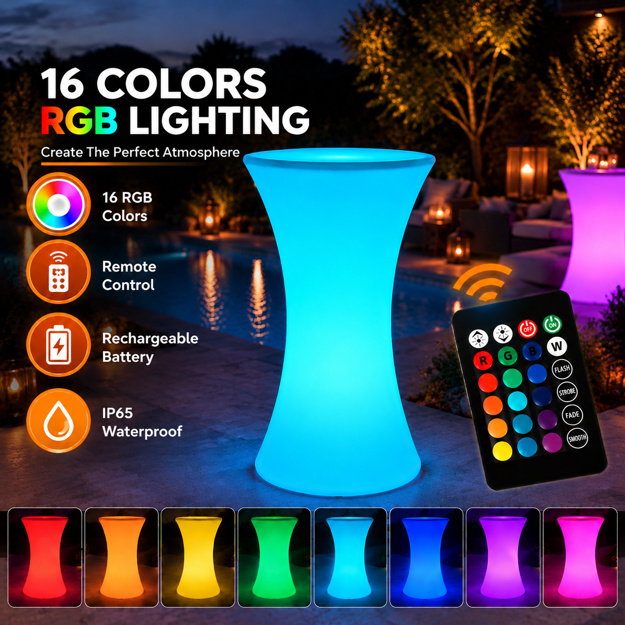 LED Iridescent Party Cocktail Table - 16 Color RGB LED Illuminated Bar Height Table with Remote, IP65 Waterproof Rechargeable Plastic Highboy for Wedding, Club, Outdoor Events