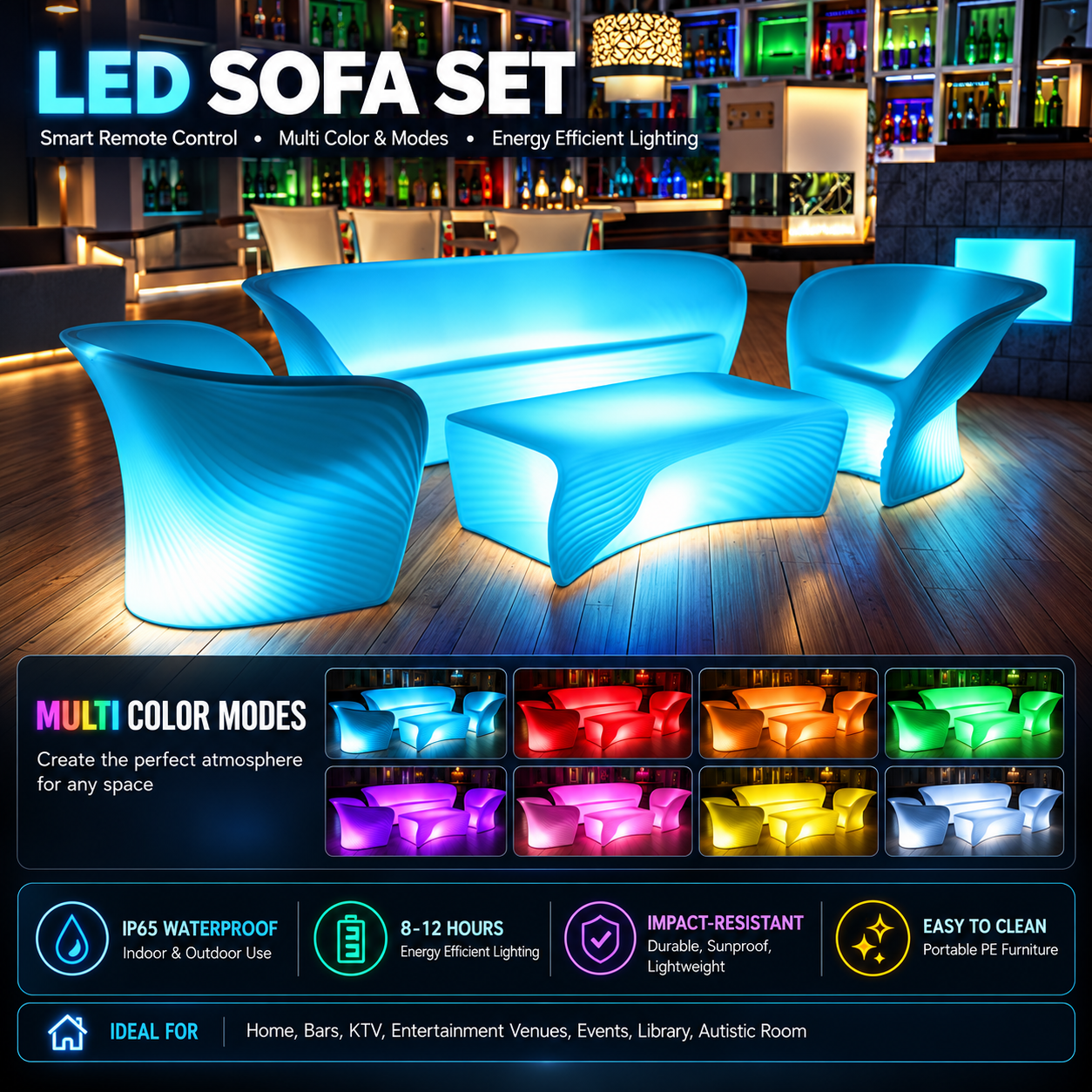 LED Light-Up Plastic Bar Stool Single Sofas Chair Home Living Room Outdoor Events Apartments Hotel Hall Wine Cellar Use