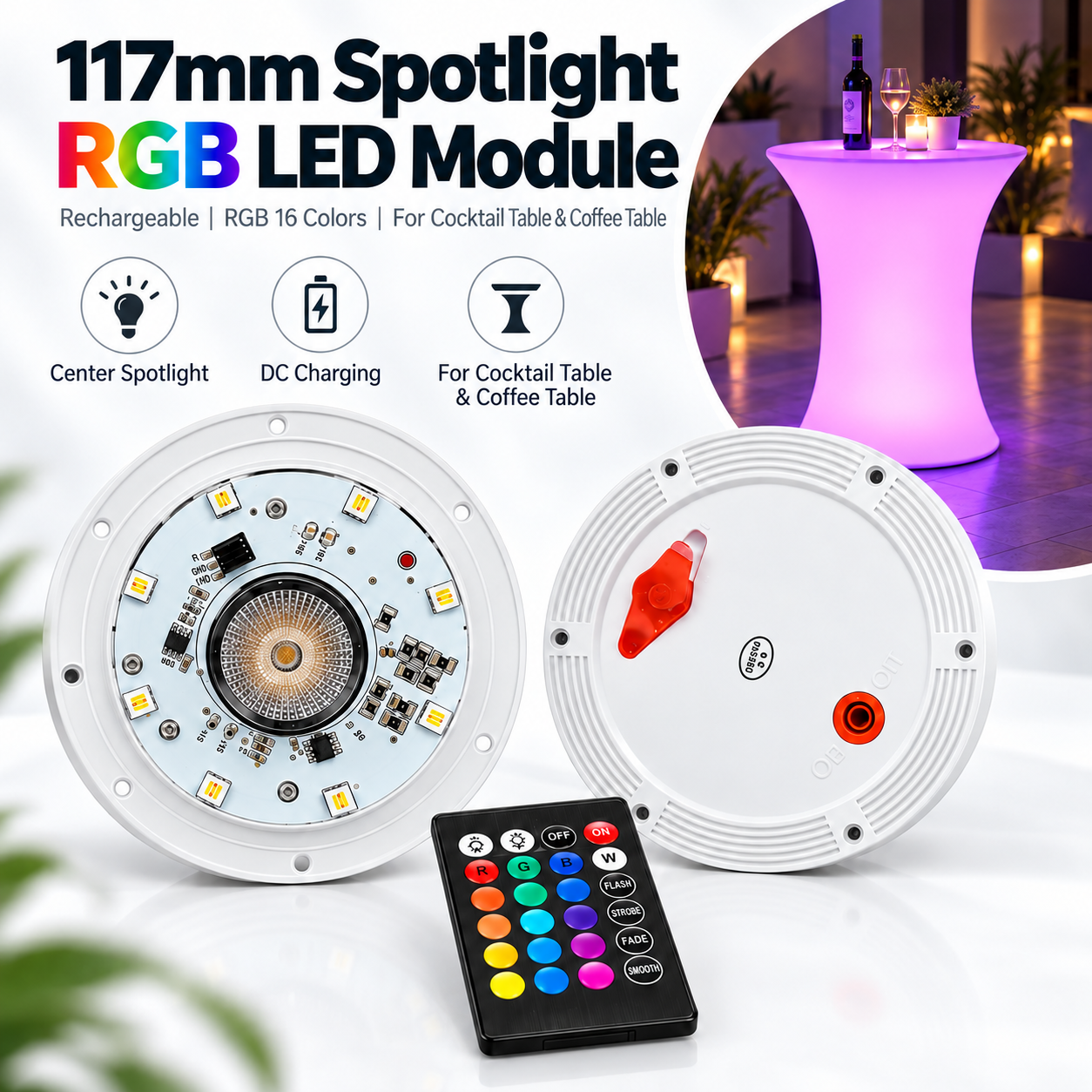 117mm Spotlight LED Module Rechargeable RGB Light for LED Cocktail Table & Bar Furniture Upgrade