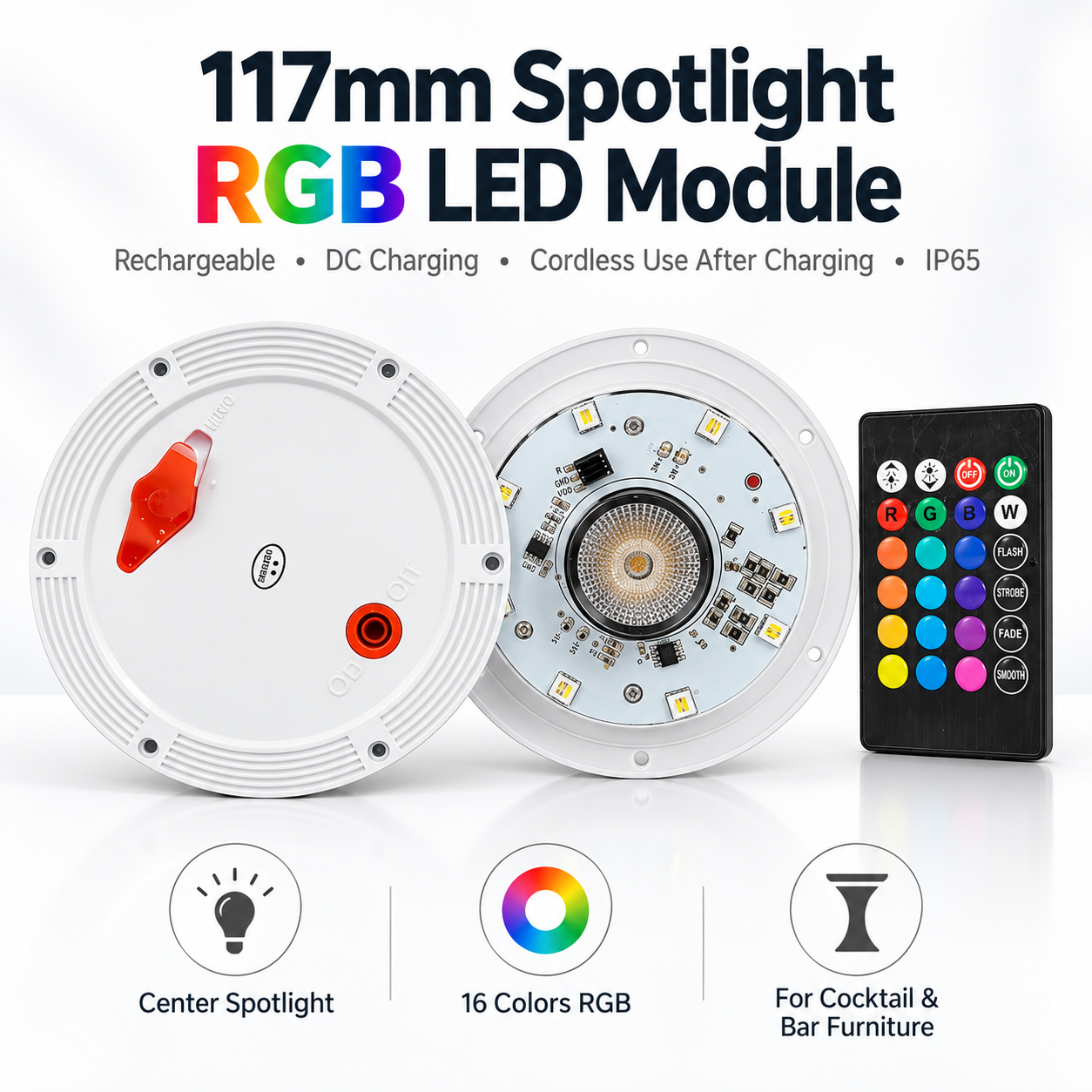 117mm Spotlight LED Module Rechargeable RGB Light for LED Cocktail Table & Bar Furniture Upgrade