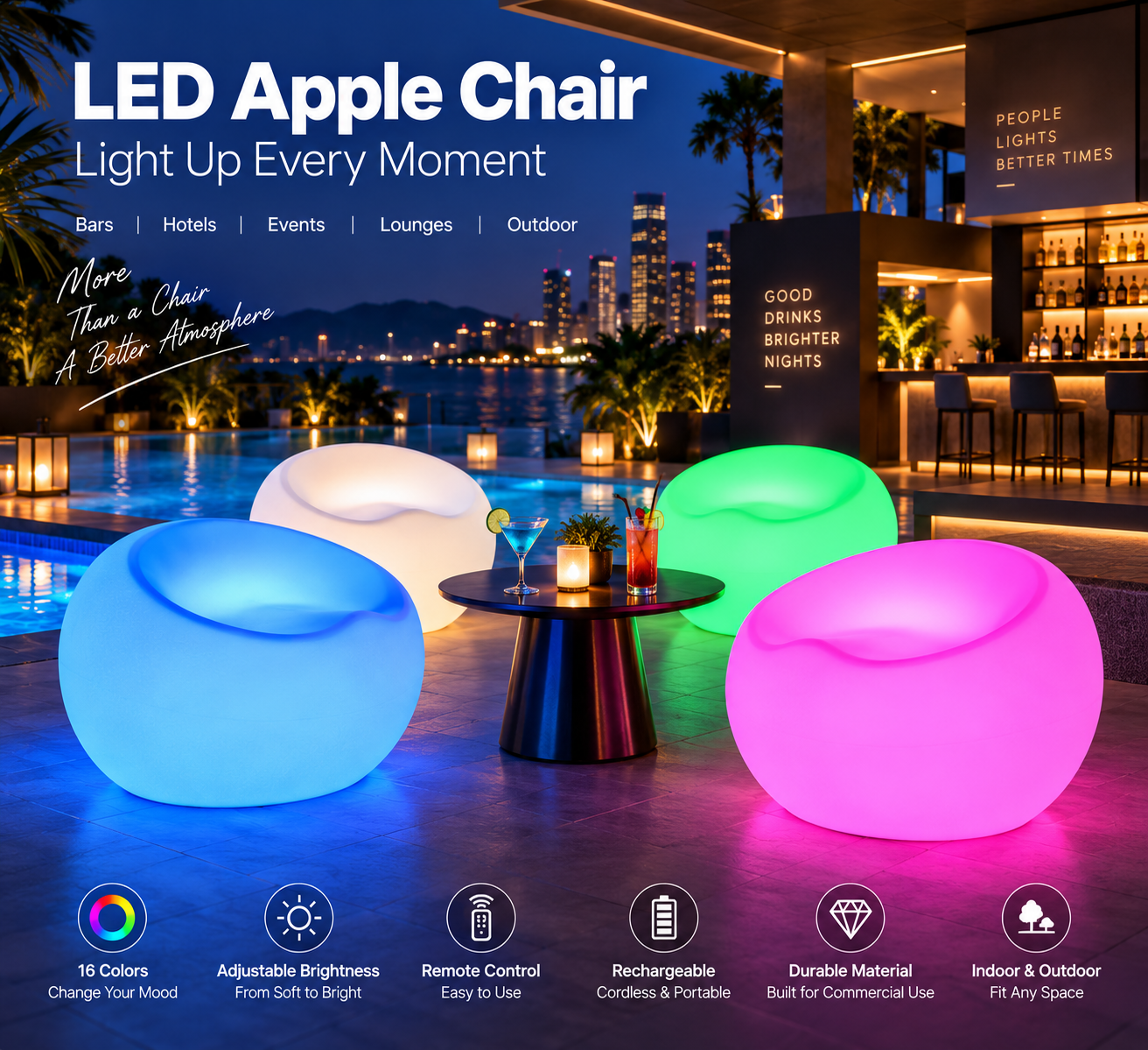 Modern Plastic Wireless Rechargeable LED Table Chair Colors Changing Bar for Beach Outdoor Event Party Restaurant Office Use
