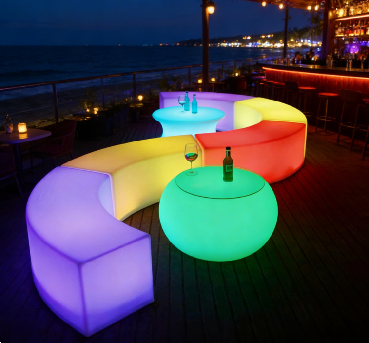 LED Glow Curved Stool Set: Elevating Beach Club Nights in Miami Beach, Florida, USA