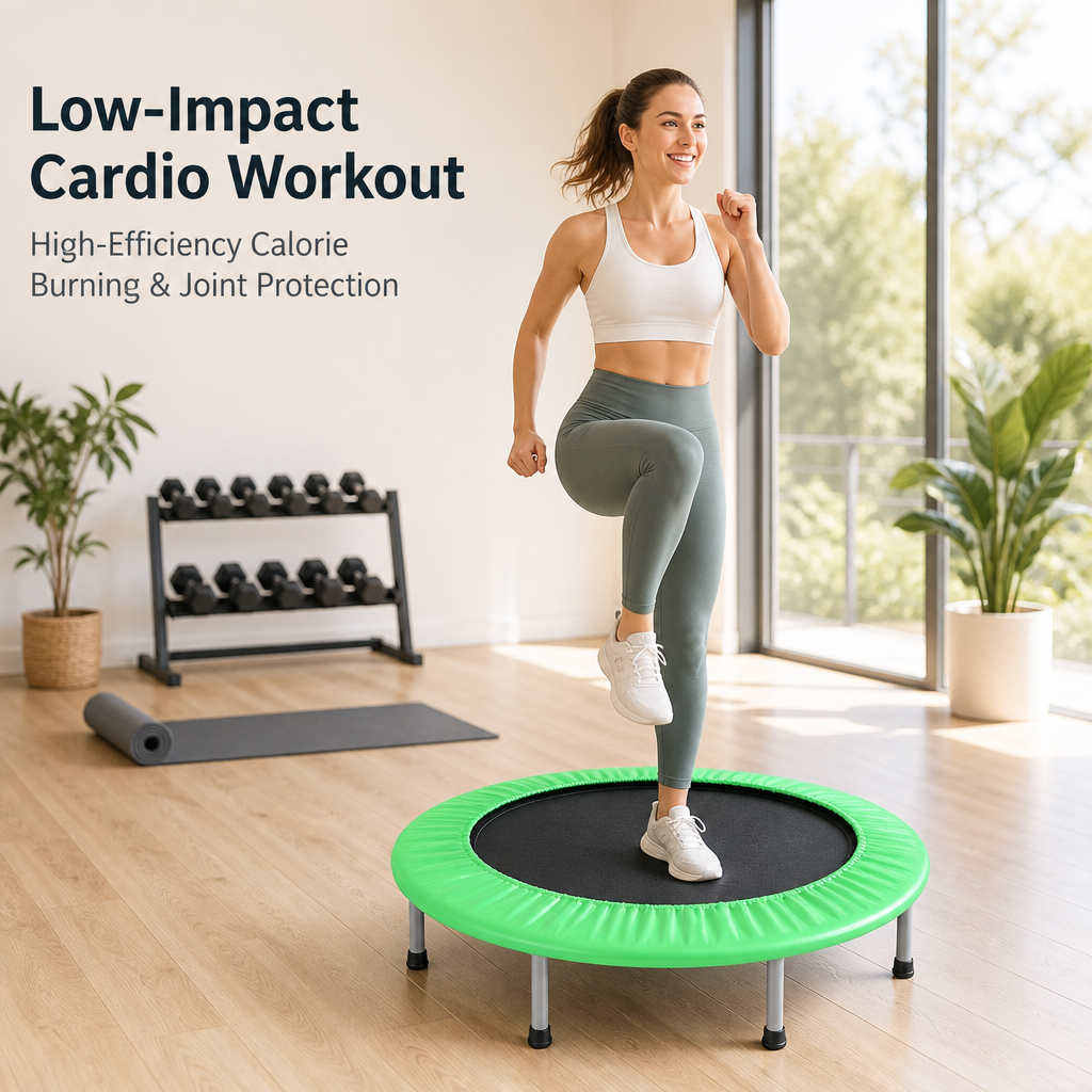 EF-MT001  Mini Trampoline \nMini Fitness Trampoline, 36/38/40 Inch Indoor Spring Rebounder Trampoline with Safety Padded Cover, Heavy Duty PP Mat & Anti-Slip Leg Caps, Max 220 LBS for Home Workout & Kids Play