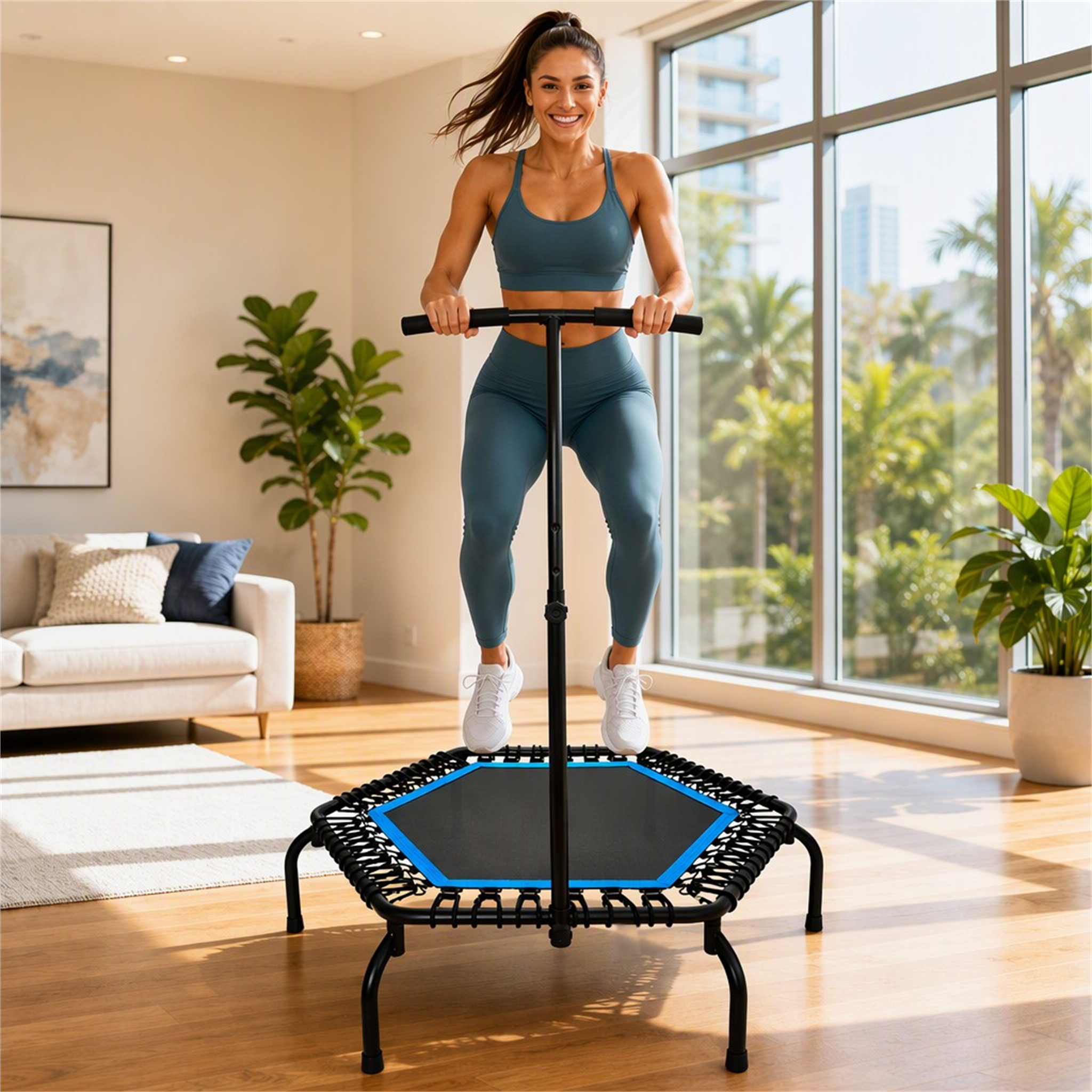 EF-MT018E
48 Inch Hexagonal Bungee Fitness Trampoline with Adjustable Handrail, Commercial Grade Mini Rebounder for Home & Gym, Max Load 550 LBS, Heavy Duty Thickened Steel J-Legs Exercise Trampoline