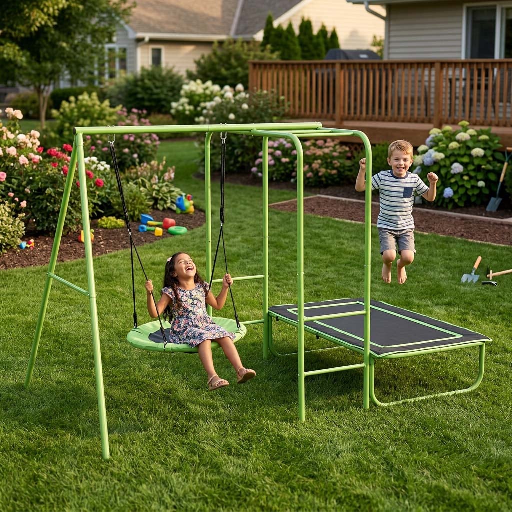 Monkey Bars + Saucer Swing + Trampoline 3 in 1