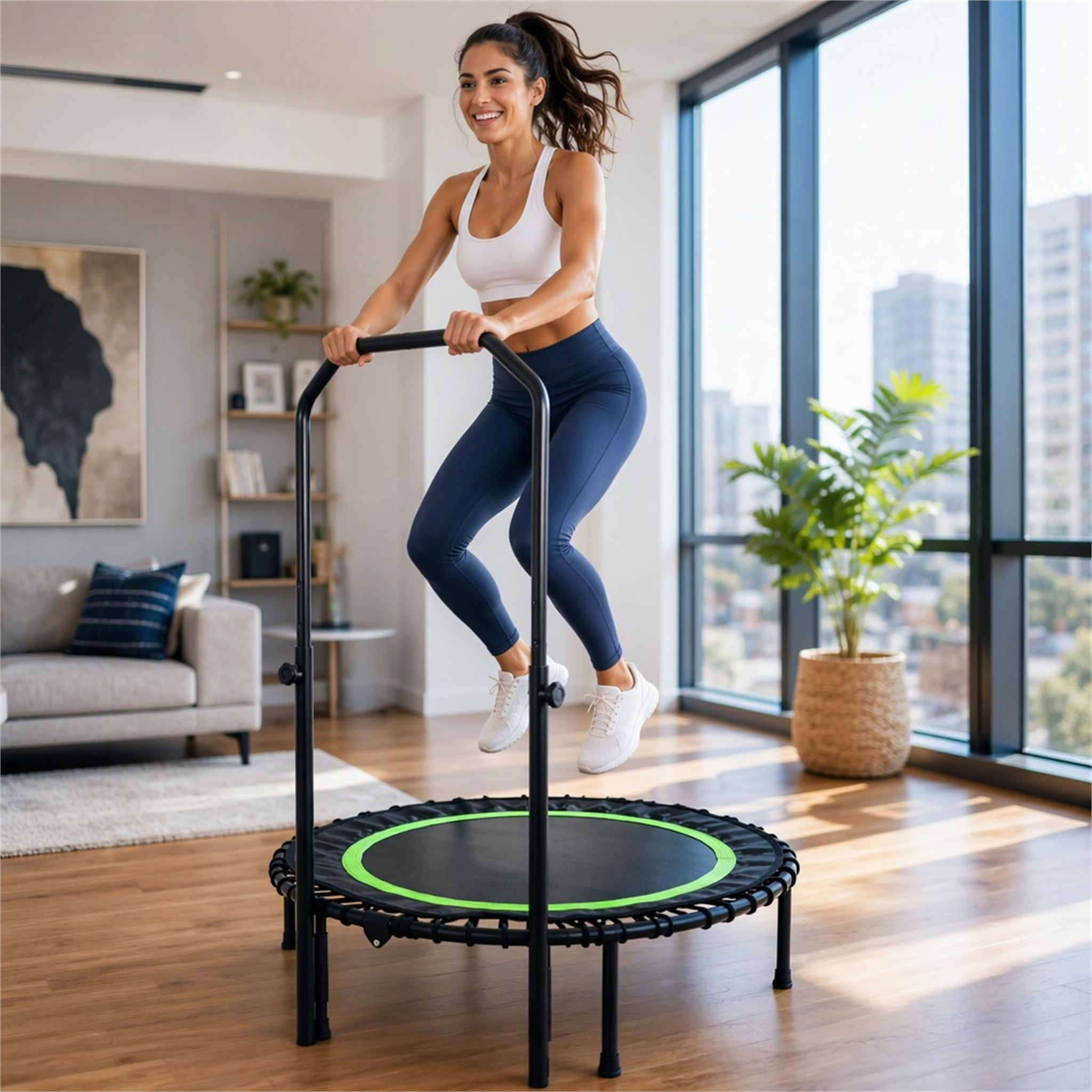 EF-MT023
40 Inch 4-Fold Bungee Fitness Trampoline with Adjustable Handrail, Mini Rebounder for Home & Gym Workout, Max Load 330 LBS, Foldable Exercise Trampoline with Thickened Steel Frame
