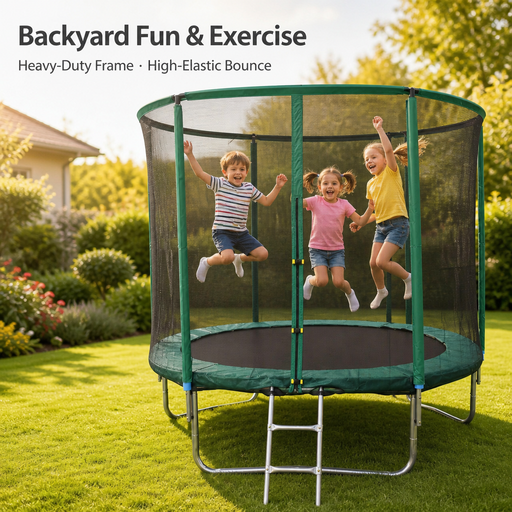 6/8/10/12/14/16 FT Outdoor Trampoline with Safety Enclosure Net, 2-Step Ladder & Spring Cover Pad, Heavy-Duty Galvanized Steel Frame, High-Elastic Springs, UV-Resistant Family Backyard Trampoline, Max Load 330 LBS