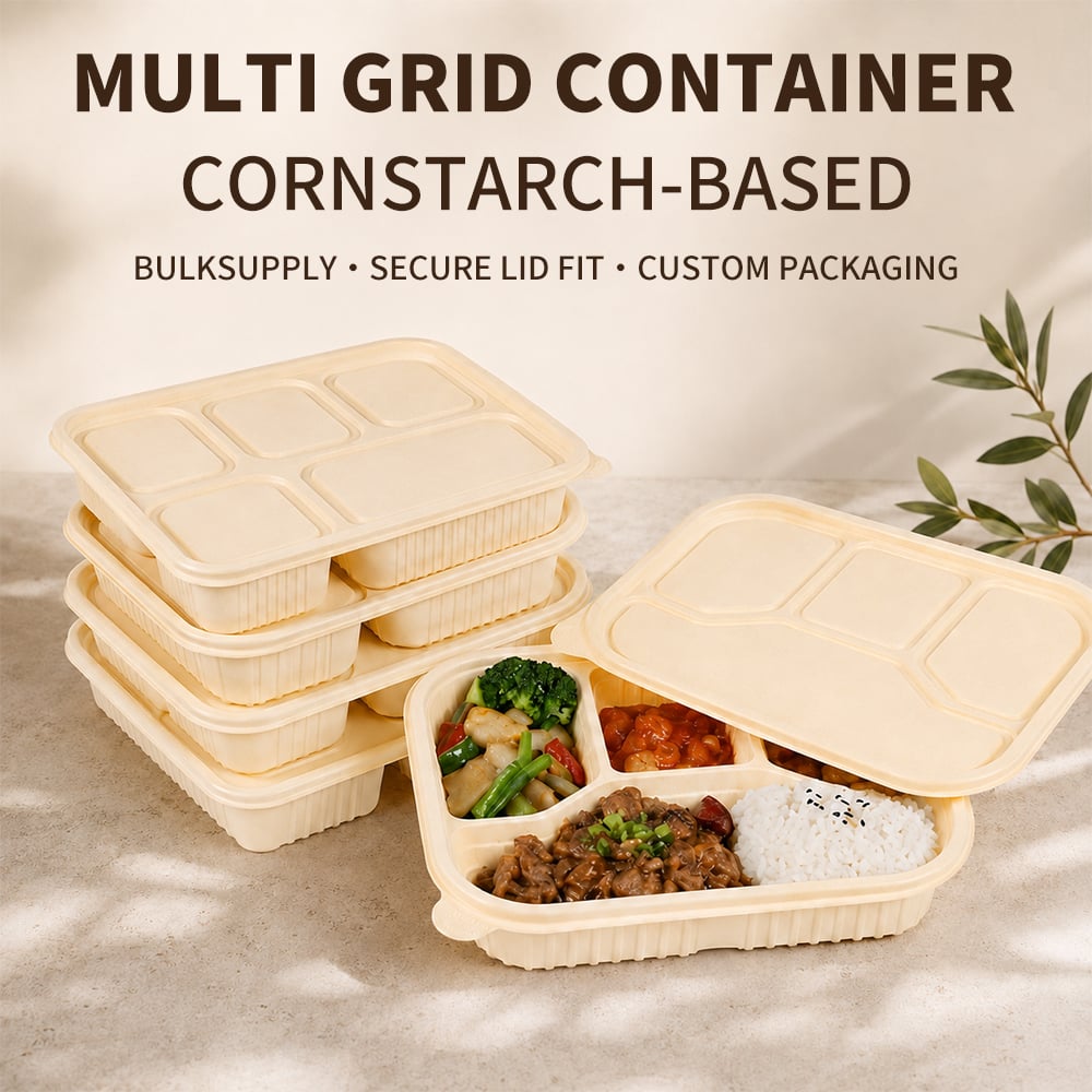 Eco Corn Starch Multi-Compartment Disposable Box, Leakproof Microwave Safe Takeaway Bento for Catering