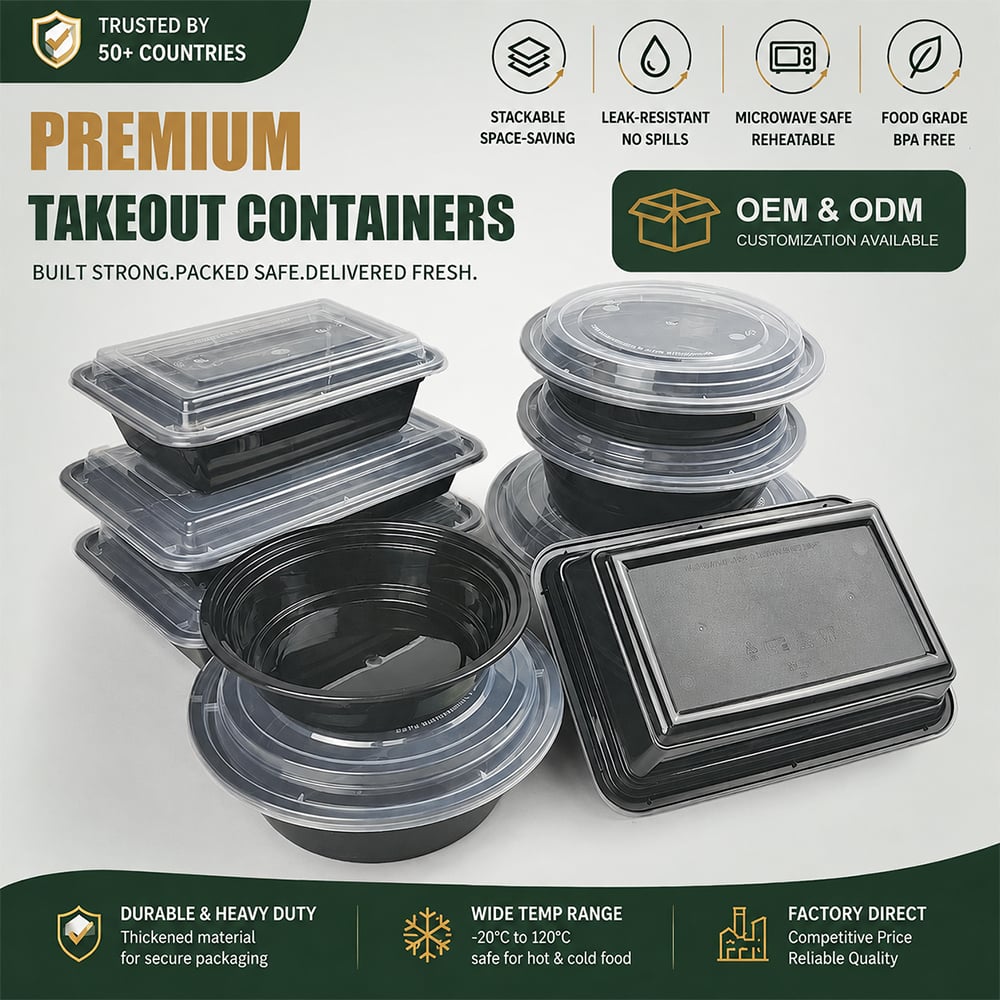 Heavy Duty Disposable Plastic Takeaway Food Container With Clear Visible Lid Leakproof Glossy Sturdy Lunch Box