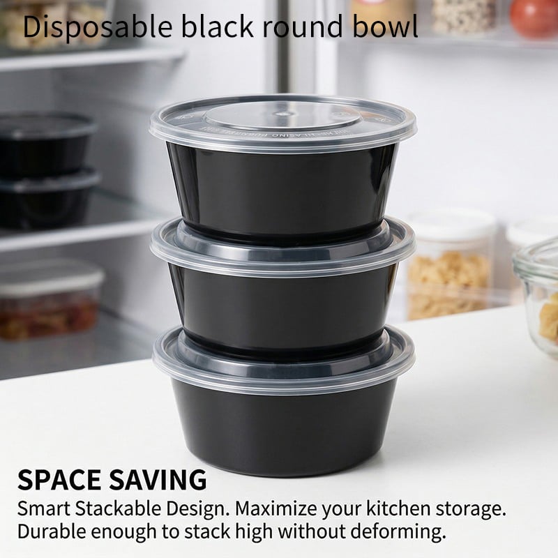 Disposable Black PP Round Bowl with Clear Lid Microwave Safe Takeout Food Container