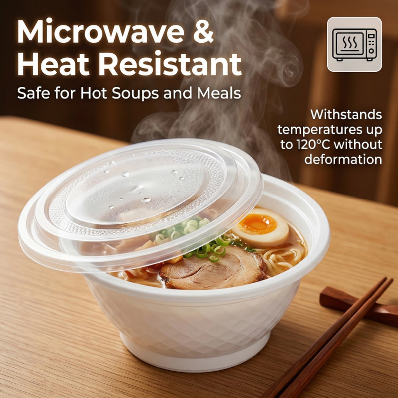 White Round Disposable PP Food Container Diamond Pattern Noodle Bowl for Takeaway