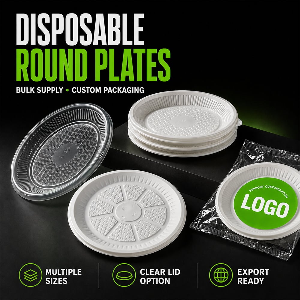 Custom Logo Disposable Round Plastic Plates Catering Food Serving Trays for Restaurant Party Bulk Wholesale