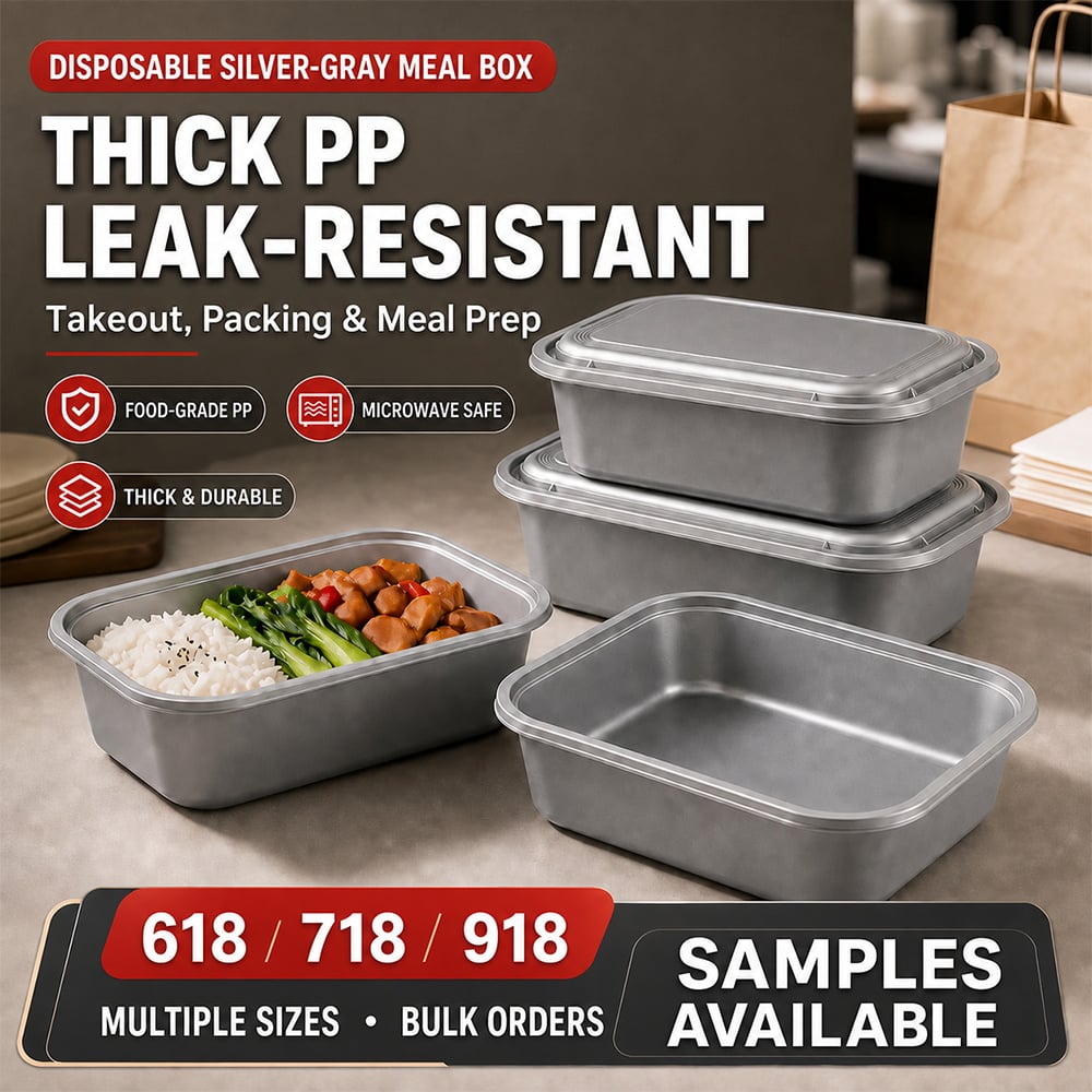 Silver Grey 618/718/918 Disposable Plastic Takeaway Box Rectangular Microwave Safe PP Lunch Container With Lid