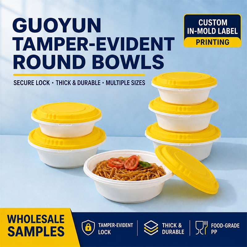 Tamper Evident Disposable Round Takeout Bowl, Food Grade PP Soup Container With Custom in Mold Label
