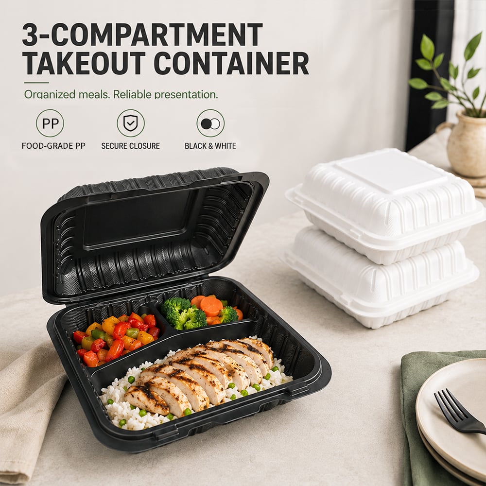 Boîte à déjeuner jetable, pliable, rectangulaire, noire, en forme de coquillage, sans BPA, avec compartiment en MFPP