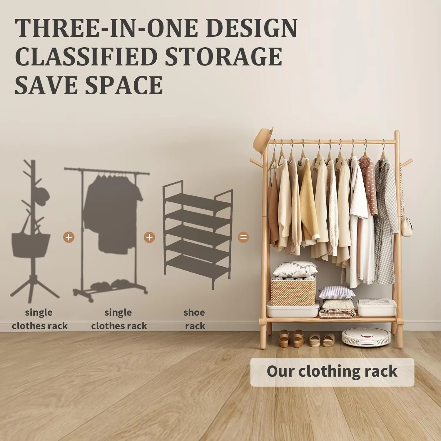 Solid Wood Clothes Rack, Clothing Rack with Shelf and Hook, Sturdy and Portable, Garment Rack for Hanging Clothes, Coats details