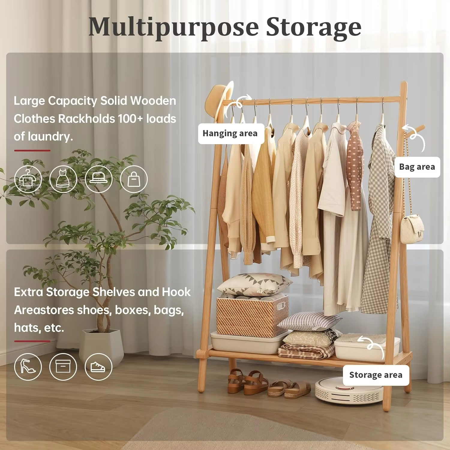 Solid Wood Clothes Rack, Clothing Rack with Shelf and Hook, Sturdy and Portable, Garment Rack for Hanging Clothes, Coats supplier