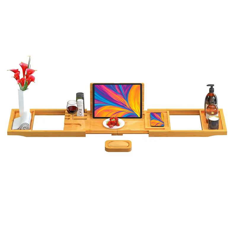 Wholesale Luxury Bathtub Table Tray with Free Soap Dish and Book Stand Foldable Bathtub Caddy for Home Spa Bamboo Bath Tray details