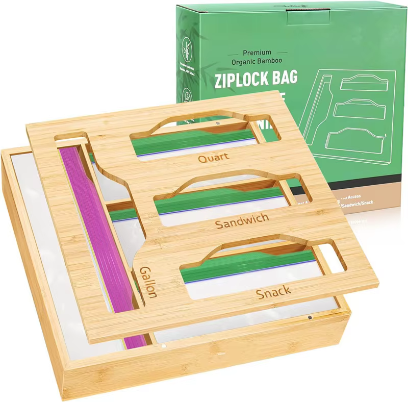 Ziplock Bag Organizer for Kitchen Drawer, Bamboo Baggie Organizer with Removable Top Lid for Sandwich, Quart Slider, Gallon factory