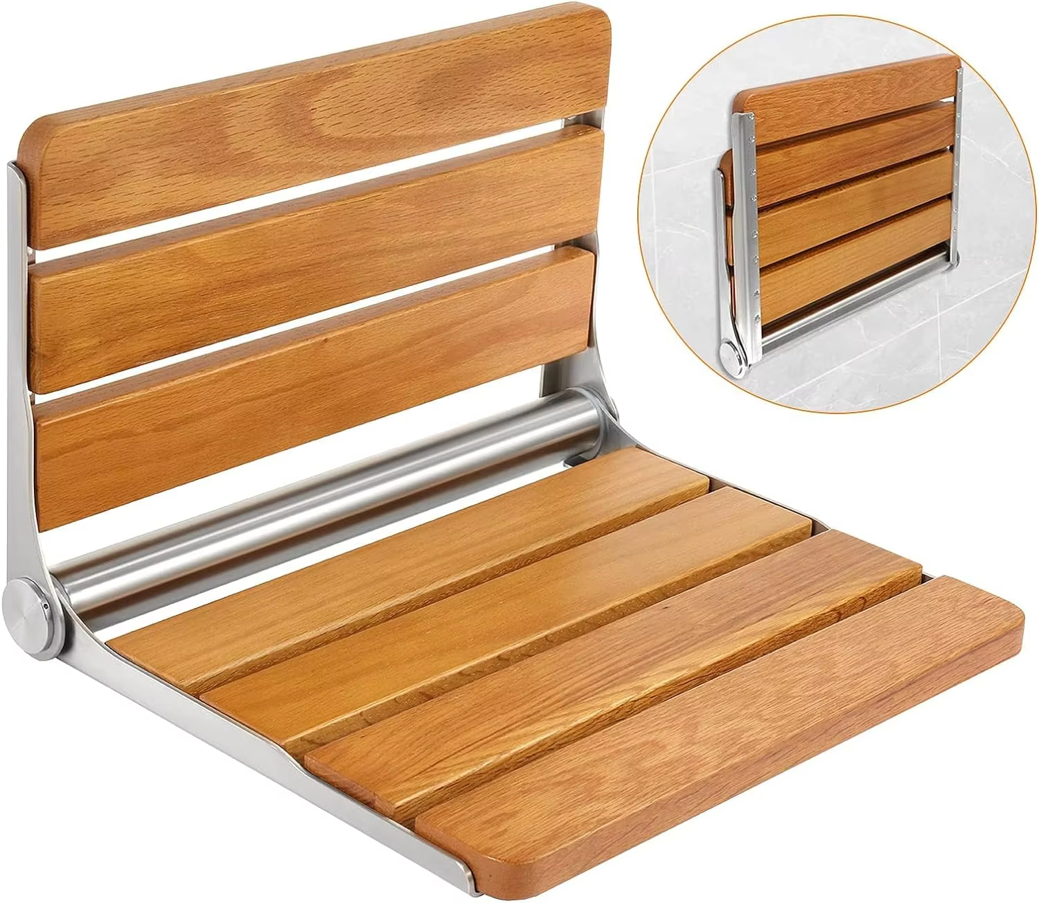 Wholesale Bamboo Bathroom Folding Stool Fold Down Shower Seat Wall-Mounted Shower Seats for Elderly details