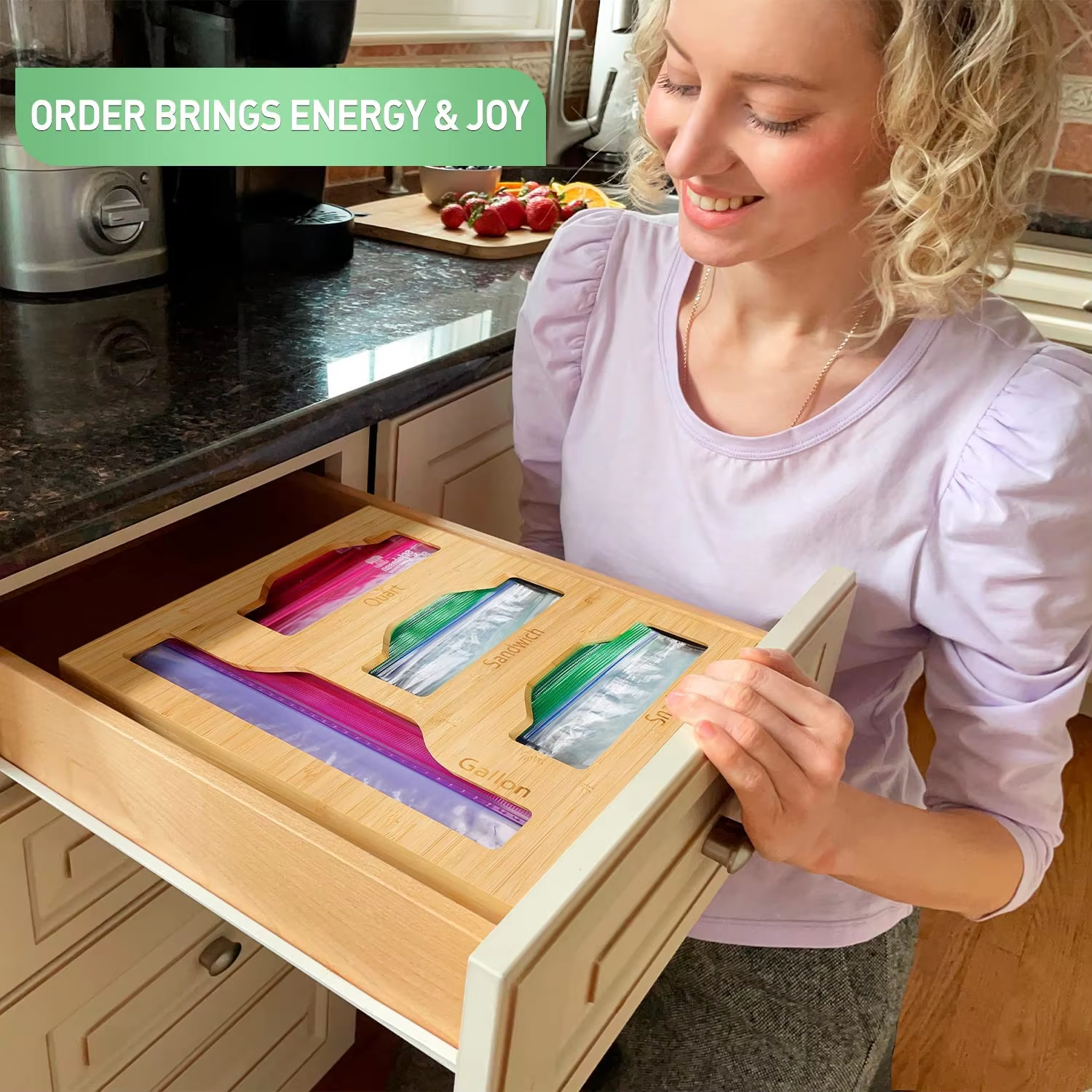 Ziplock Bag Organizer for Kitchen Drawer, Bamboo Baggie Organizer with Removable Top Lid for Sandwich, Quart Slider, Gallon manufacture