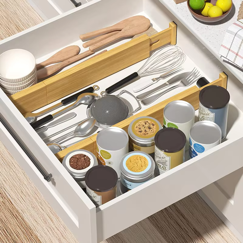 Wholesale Set 4 Adjustable Bamboo Drawer Divider Kitchen Bedroom Organizers for Spice Clothing Storage Also for Bathroom manufacture