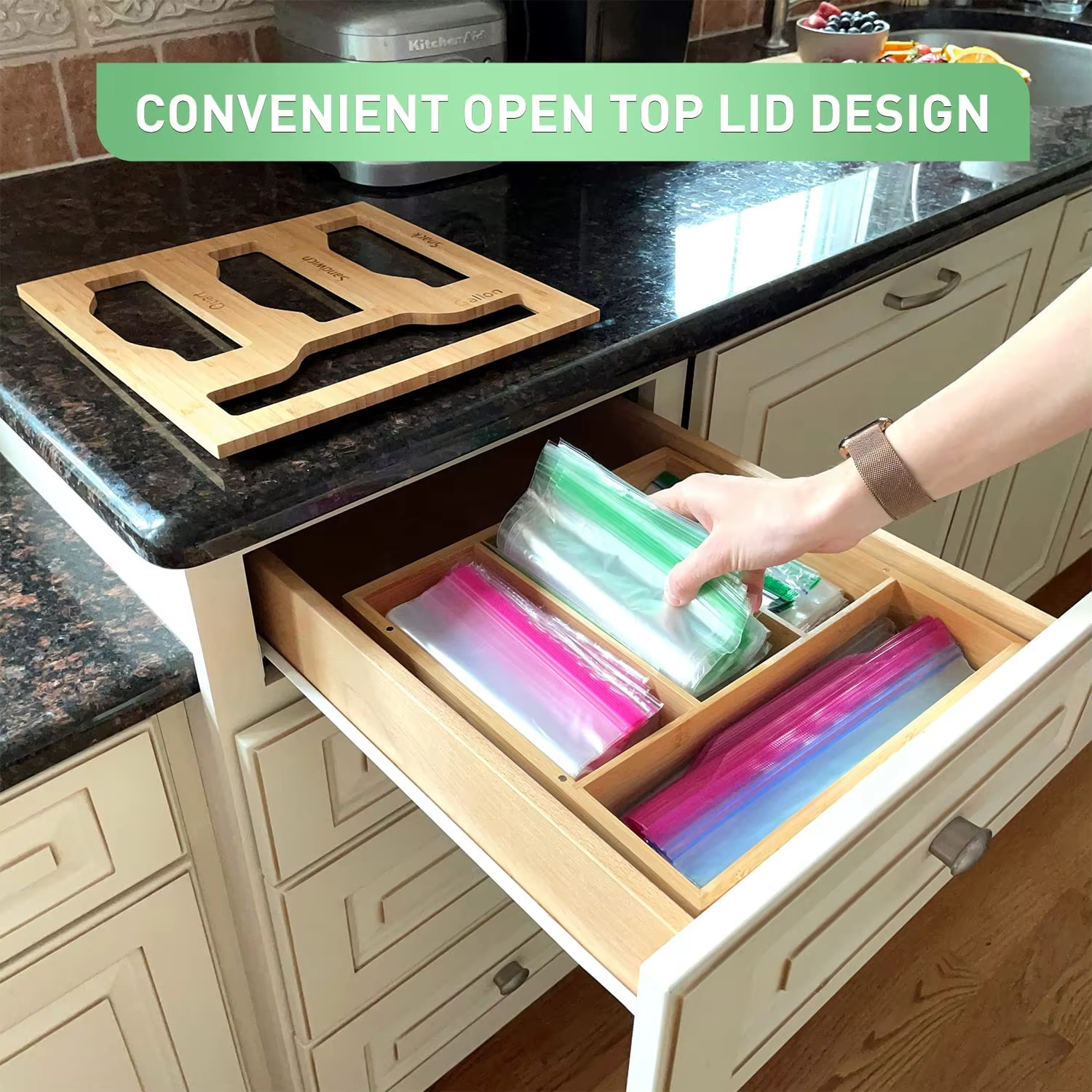 Ziplock Bag Organizer for Kitchen Drawer, Bamboo Baggie Organizer with Removable Top Lid for Sandwich, Quart Slider, Gallon factory