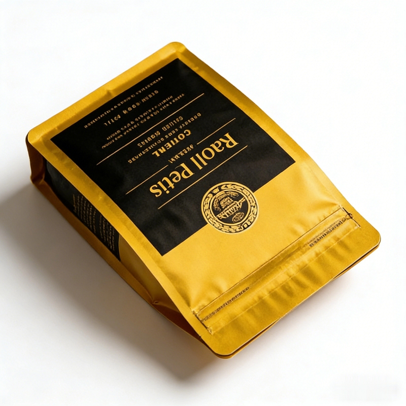 Food Grade Coffee Flat Bottom Mylar Bag Gold Stamping Resealable Zipper Stand up Pouch-2
