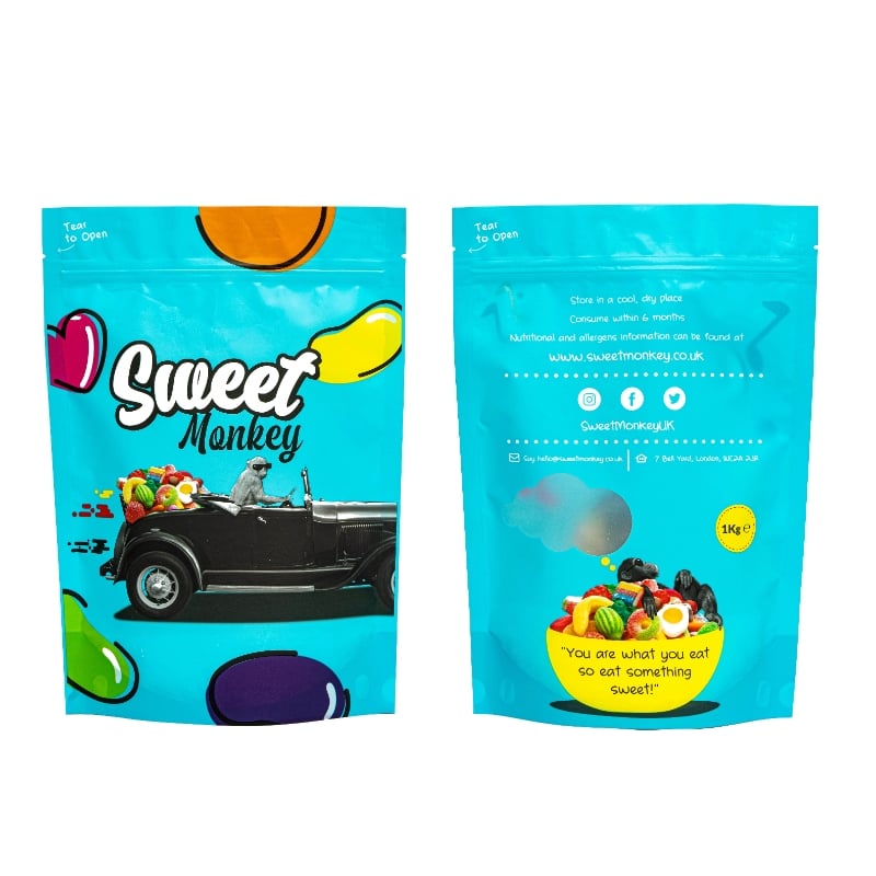 Custom PET PE 1kg Stand Up Candy Pouch Irregular Window Resealable Zipper
