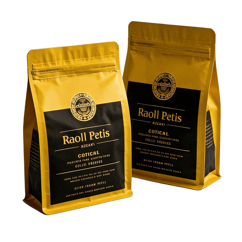 Food Grade Coffee Flat Bottom Mylar Bag Gold Stamping Resealable Zipper Stand up Pouch