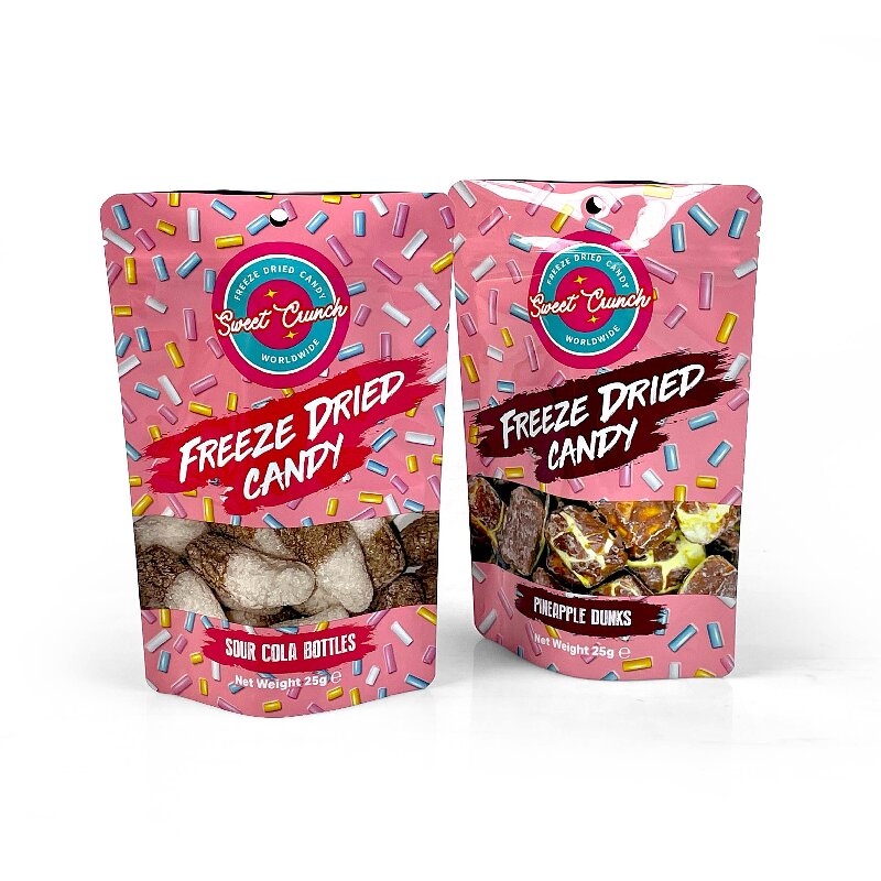 Custom PET PE Stand Up Candy Pouch Hang Hole Zipper Window for Salt Water Taffy