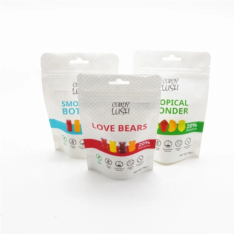 Custom PET PE Small Stand Up Pouch Hang Hole Zip for 75g Vegan Gummy Candy