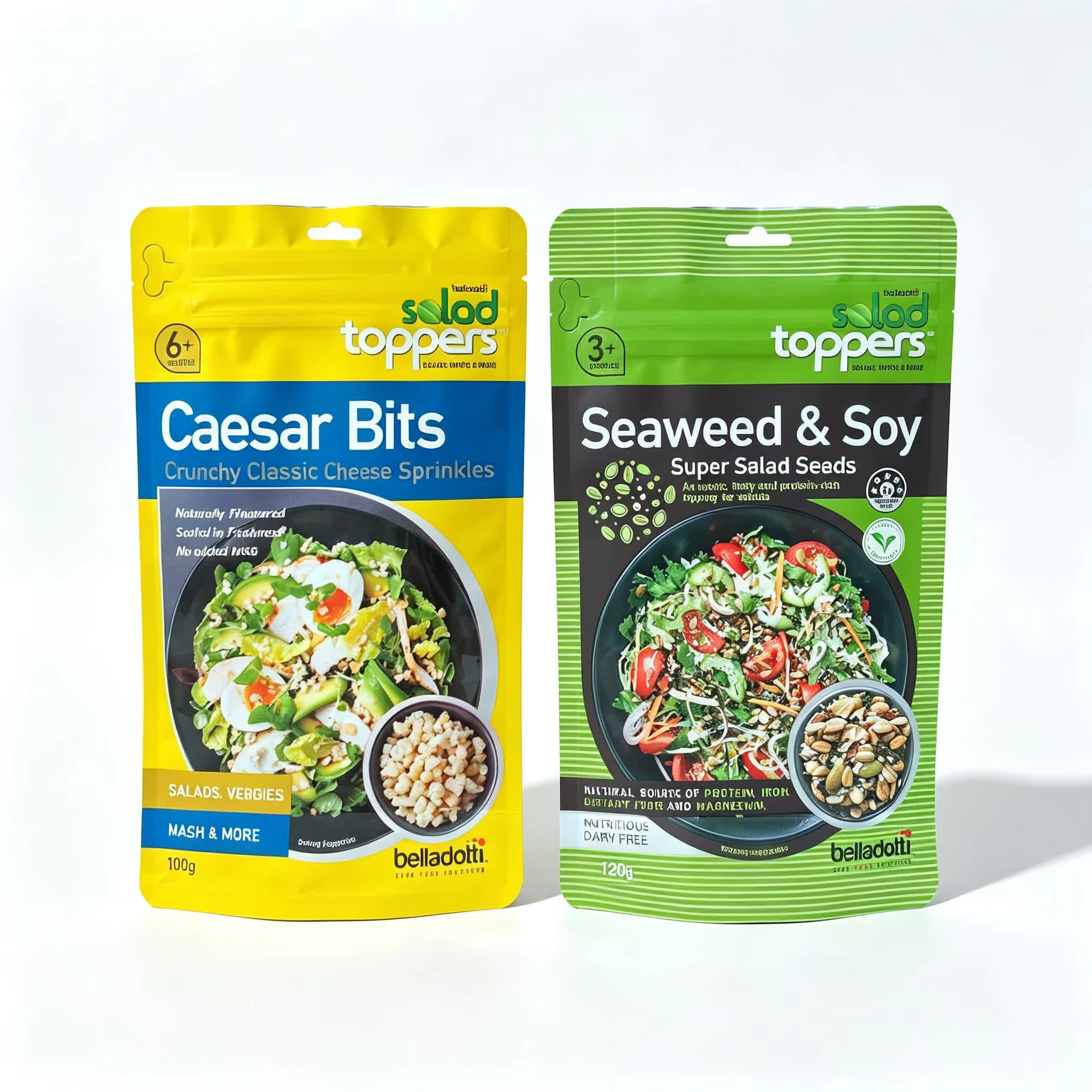 Custom Printed Stand Up Pouches for Salad Toppers Food Packaging | Resealable Snack Bags