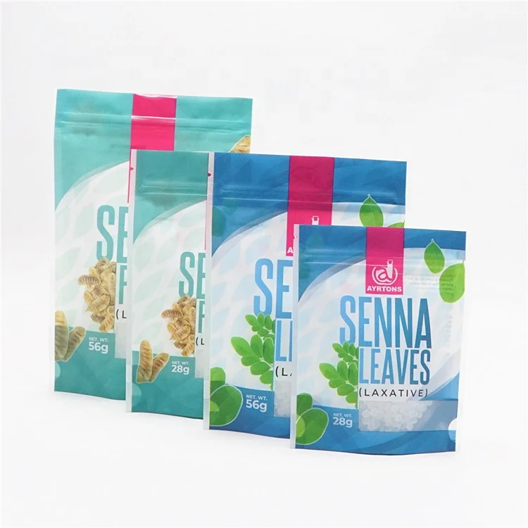 Custom PET/PE Stand Up Pouch with Window Zipper for Herbal Senna Leaf Packaging