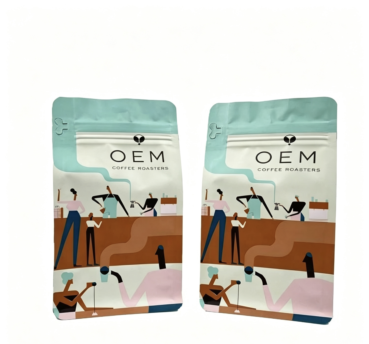 Sacchetti per caffè a fondo piatto con valvola per il confezionamento di chicchi di caffè.