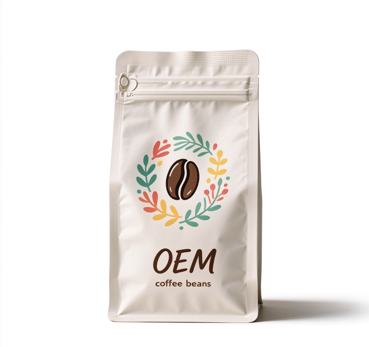Confezione di caffè Kraft da 250 g con chiusura a zip e fondo piatto, valvola per sacchetti di chicchi di caffè.